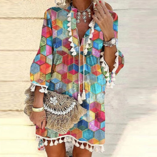 Women Vintage Print V Neck Tassel Mini Dress Casual Loose Three Quarter Sleeve Beach Dress  Spring Summer Party Dress Femme