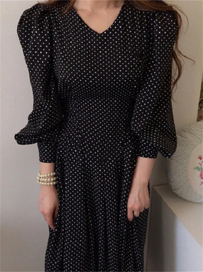 Spring Women Fashion French Vintage Maxi Dress One Piece Ladies Dot Print Vestdios Femme Porm Dress