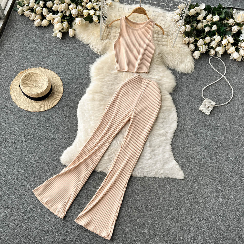 lovwvol Women Casual Pants Set Fashion Bodycon Slim Short Tank Top +Striped Wide Legs Long Pants Solid Summer Two Piece Suit