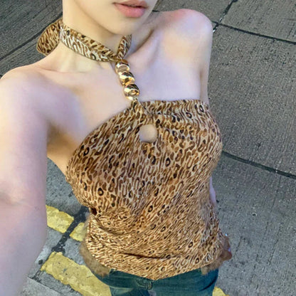 lovwvol  -  Y2k Aesthetic Hollow Out Leopard Sexy Tank Top Women Streetwear Backless Bandage Tanks Harajuku Halter Slim Fit Vintage Tops