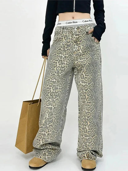 lovwvol   Leopard Jeans Women Denim Pants Female Oversize Wide Leg Trousers Streetwear Hip Hop Vintage Clothes Loose Casual