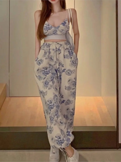 lovwvol Sexy Y2k Floral Two Piece Top Pant Set Women Korean Casual High Street Summer Suits Elegant Mini Top Long Wide Leg Pants