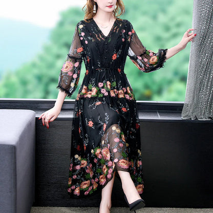 lovwvol New 2024 Women's Summer Runway Embroidered Long Dress Ladies V-neck Lantern Sleeve Mesh Vintage Party Dress