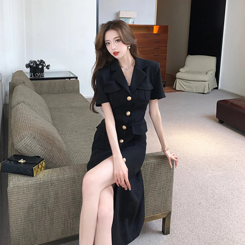 lovwvol French Elegant Suit Collar Midi Dresses for Women Summer New Vintage Fashion High Waist Short Sleeves Black Female Clothing