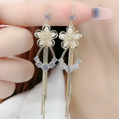 Exquisite Opal Flower Earrings For Women Rhinestone Long Tassel Zircon Earring Girls Wedding Party Temperament Jewelry New