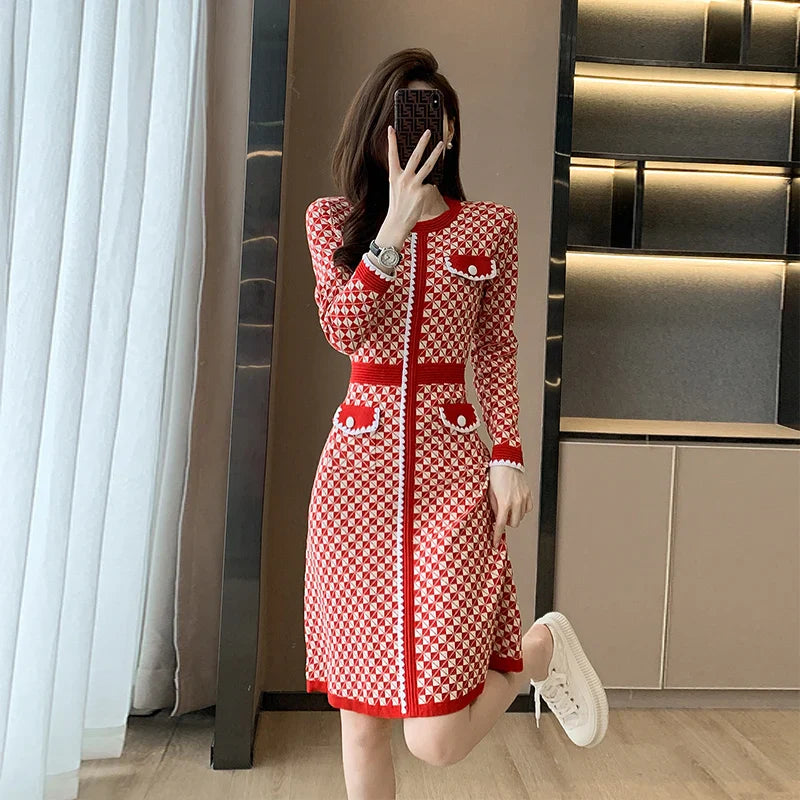 lovwvol Vintage Pullover Knitted Sweater Knee Dresses for Women Korean Fashion Pockets O-Neck Plaid Red Dress Robe Femme Vestidos Autumn