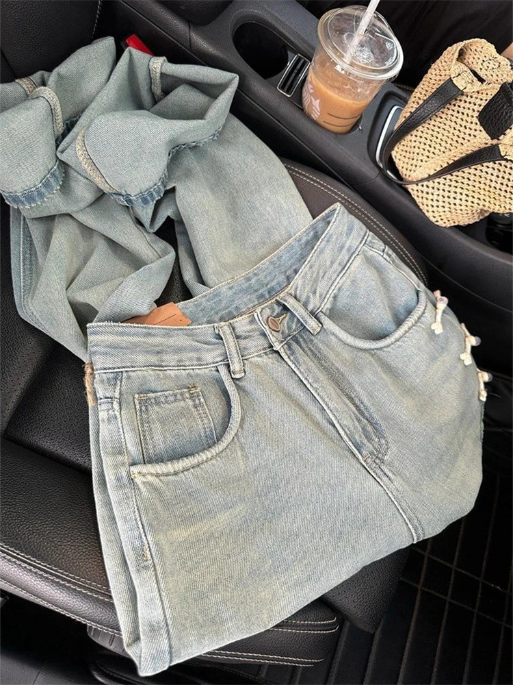 lovwvol Women's Bow Knot Buckle Design Chinese Style Jeans Streetwear Denim Trousers Vintage Female Fashion Baggy Pants Street Clothes