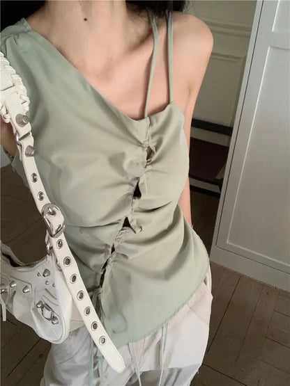 lovwvol Summer Korean Bandage Off Shoulder Tanks Y2k Crop Tops Irregular Blouse Casual Elegant Fashion Tees Sweet Women Camisole