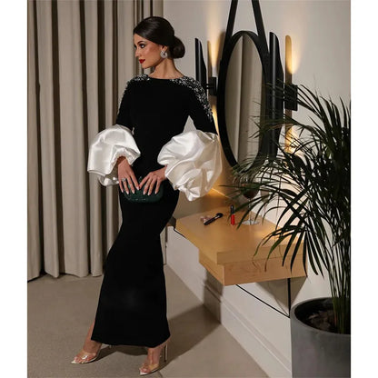 Elegant Crystal Mother Of The Bride Dresses Puffy Sleeve Prom Gown Side Split Ankle Length Womens Special Occasions Dress