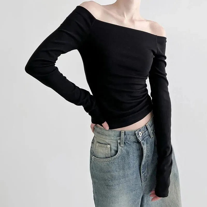 Temperament One-line Shoulder Long Sleeve T-shirt Women Slimming Base Collarbone Off-the-shoulder Spice Girl Top