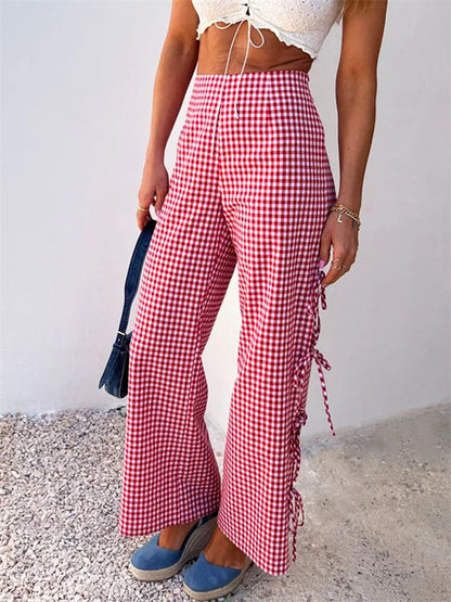 lovwvol Women Wide-Leg Pants Plaid Print Side Lace-Up Hollow-Out Loose Trousers Spring Summer Casual Sweatpants Bottoms 2024