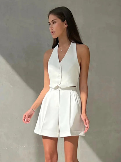 lovwvol  -  Summer Shorts For Office Suits Elegant Cotton V-Neck Sleeveless Tank Tops High Waist Shorts 2 Piece Sets Outfits