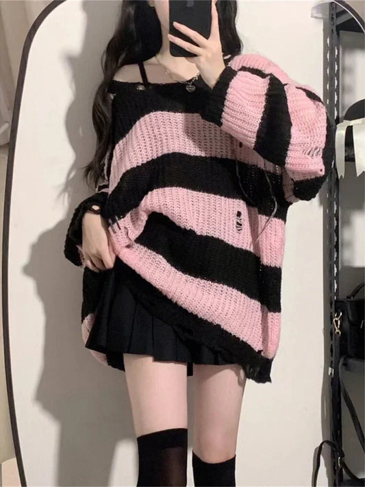 Y2K Pink Striped Sweaters Women Harajuku Vintage Black Knitted Jumper Grunge Sexy Hole Hollow Out Loose All-match Tops