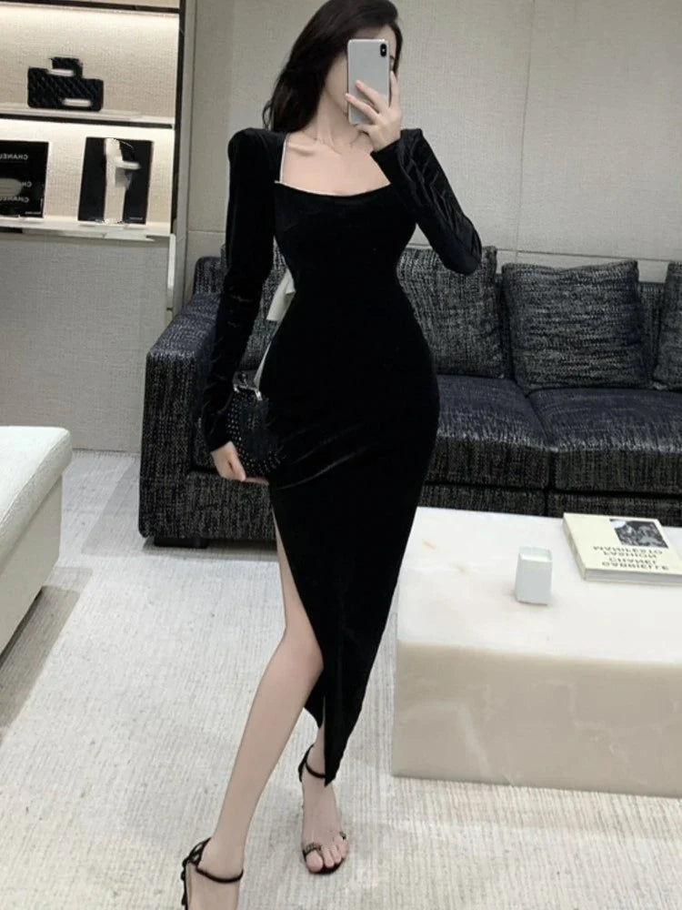 Sexy Backless Bow Design Black Velvet Dress Women Bodycon High Split New  Spring Autumn Prom Evening Party Dresses Vestidos