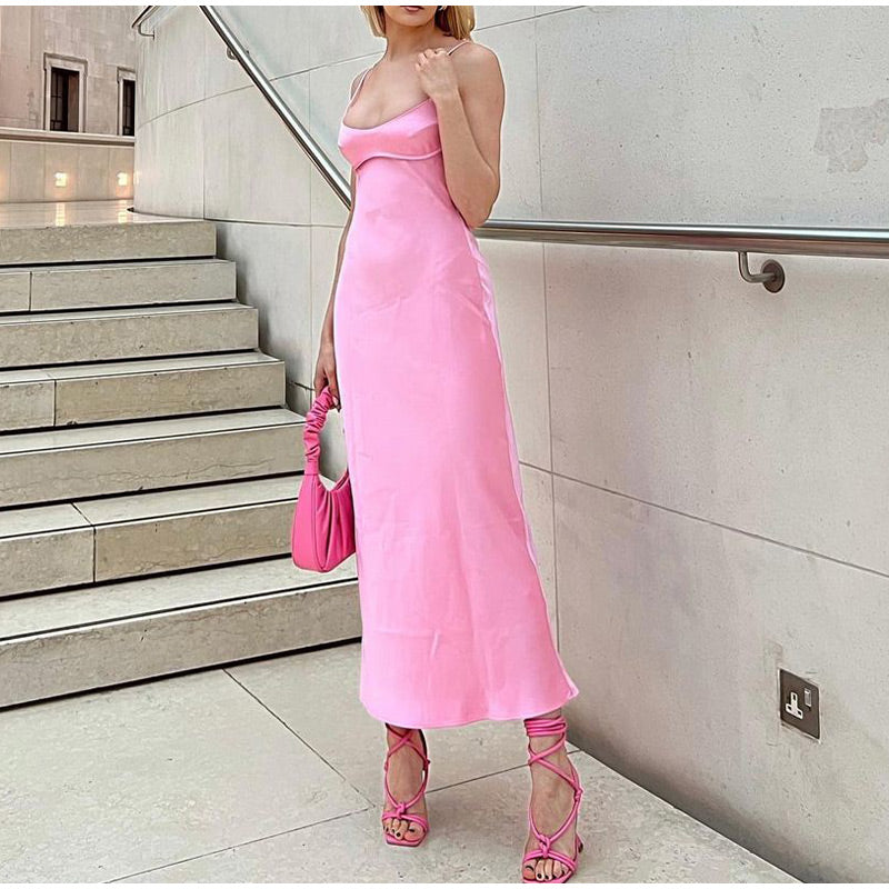 lovwvol lovwvol Pink Camis Long Dresses Women Satin Cut Out Sleeveless Slip Dress Female Backless Sexy Party Dresses Summer Slit Midi Dress