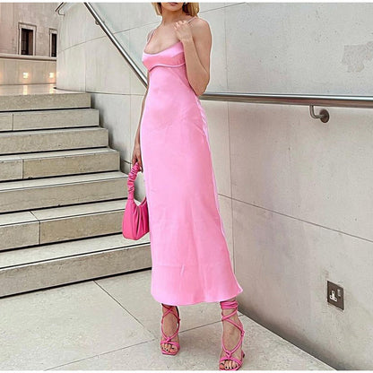 lovwvol lovwvol Pink Camis Long Dresses Women Satin Cut Out Sleeveless Slip Dress Female Backless Sexy Party Dresses Summer Slit Midi Dress