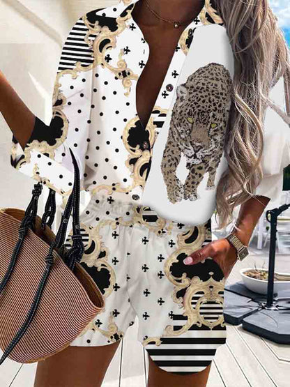 lovwvol New Elegant Print Two Piece Sets Women Summer Spring Turn-Down Collar Shirt Tops+ Shorts Woman Sets Casual Long Sleeve Shirts