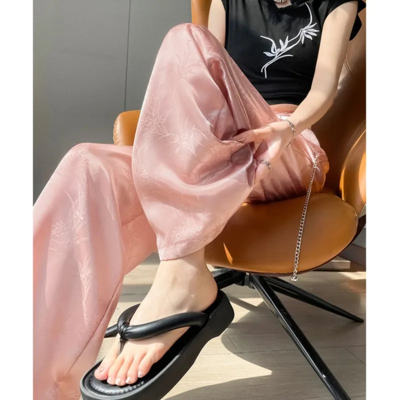 lovwvol Spring Autumn Women's Button Zipper High Waist Solid Chiffon Printed Geometric Shaped Wide Legs Casual Trousers Elegant Pants