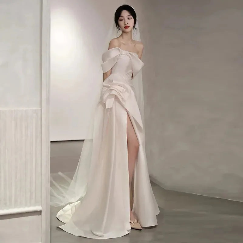 lovwvol Off-The-Shoulder Satin High Split Twist Front Train Dresses For Wedding pin page