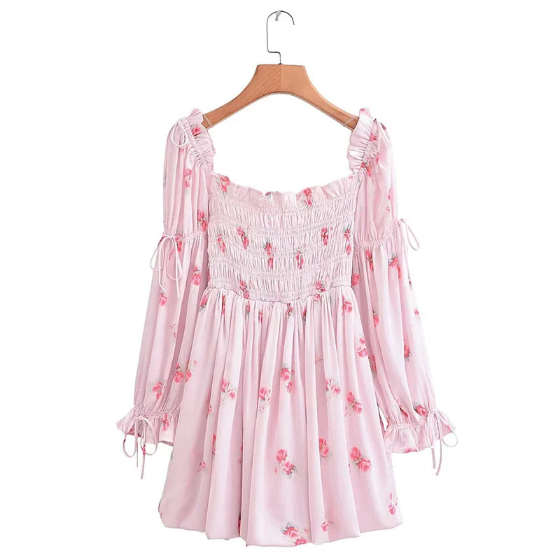 lovwvol Sweet Pink Floral Print Satin Sexy Off Shoulder Dress Women Long Sleeve Holiday Party Mini Dresses Princess Fairy Robe