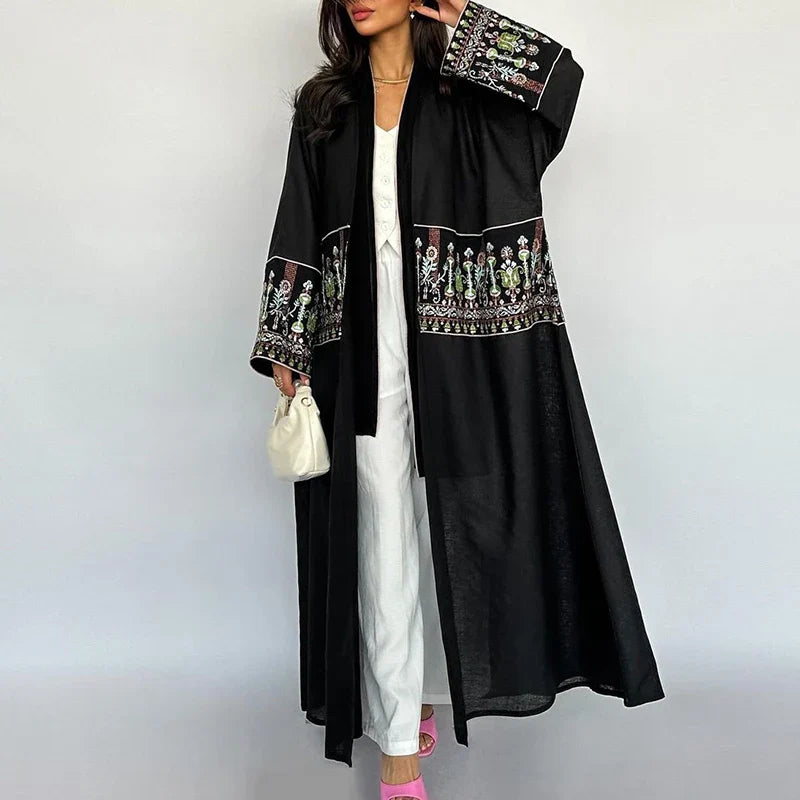 lovwvol Vintage Embroidered Printed Patchwork Women Jacket Elegant V-neck Long Sleeved Loose Cardigan 2024 Fall Office Robe Muslim Coat