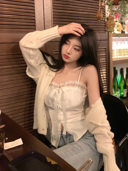 lovwvol Summer Pure Color Lace Camis Blouse Women Casual Party Elegant Sexy Crop Tops Slim Korean Style Fashion Designer Chic Vest