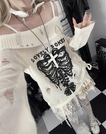 lovwvol  -  Japanese Off Shoulder Harajuku Sweater Y2k Women Gothic Punk Knitted Vintage Skull Jumpers Grunge Hollow Out Pullovers Kintwear