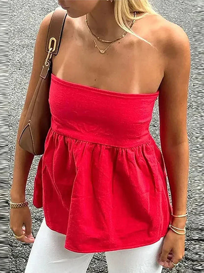 lovwvol Sexy Solid Ruffled Hem Women Strapless Tops Patchwork Sleeveless Off Shoulder Female Vest 2024 Spring Summer Fashion Lady Top