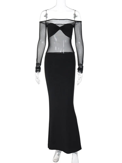 See Through Patchwork Strapless Long Sleeve Evening Maxi Dress For Women Sexy Slim Sheer Solid Outfits Party Clubwear