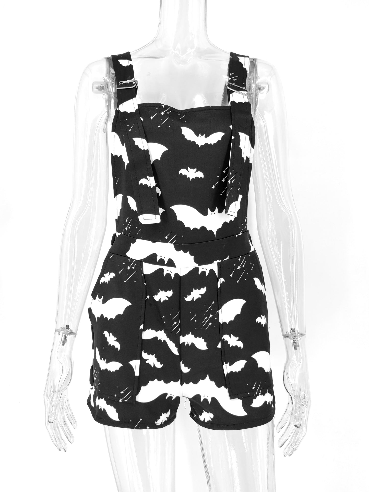 lovwvol Bat Pattern Overalls Gothic Emo Printed Bodysuits Women Grunge Punk Bodycon Aesthetic Sexy Club Rompers with Pockets