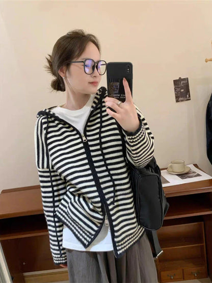 Contrast Color Striped Fashion Casual  Hooded Cardigans Autumn Sweet Sweaters Y2k Aesthetic All Match Women Dual Zippers Tops