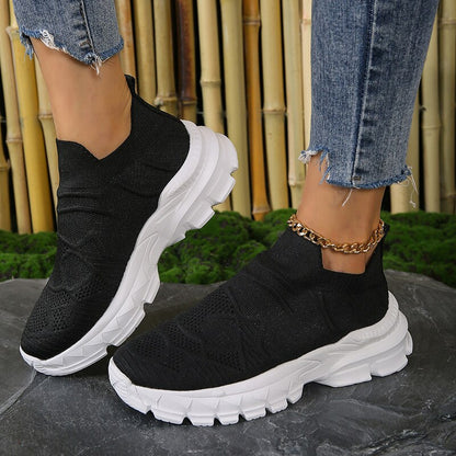 Breathable Mesh Thick Bottom Sneakers Women 2023 Autumn Platform Knitted Casual Shoes Woman Plus Size 42 Anti Slip Sock Shoes