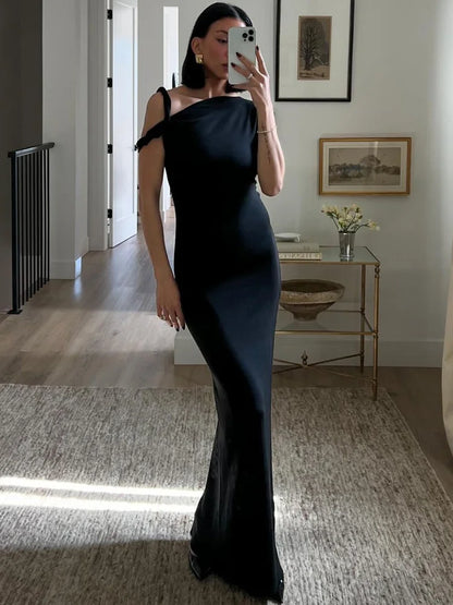 lovwvol - Black Long Dress Female Slim High Waist Off-Shoulder Fashion Elegant Evening Partywear Dress Solid One-Shoulder Maxi Dress