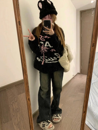 lovwvol  -  Oversized Sweater Women Winter Letter Jacquard Knit Sweater Thickened Casual Top Y2k Clothes O-Neck Sweater Mujer Fairy Grunge