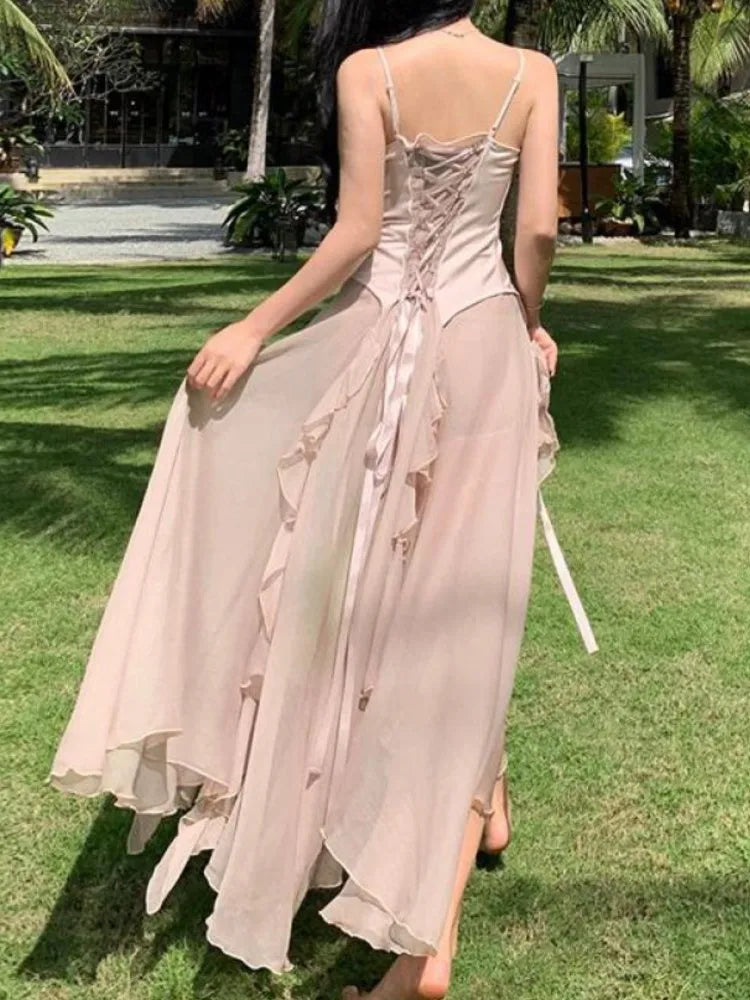 lovwvol Women's Summer Elegant Backless Long Dresses New Fashion Spaghetti Strap Evening Party Prom Split Bandage Ruffled Sexy Dress