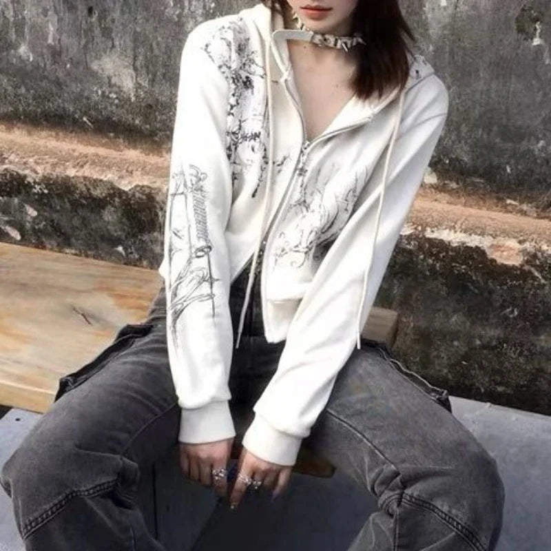 lovwvol  -  Autumn Y2k Aesthetic Cropped Hoodies Women Casual Printing Double Zippers Harajuku Punk Sweatshirt Gothic Fairy Grunge Jackets