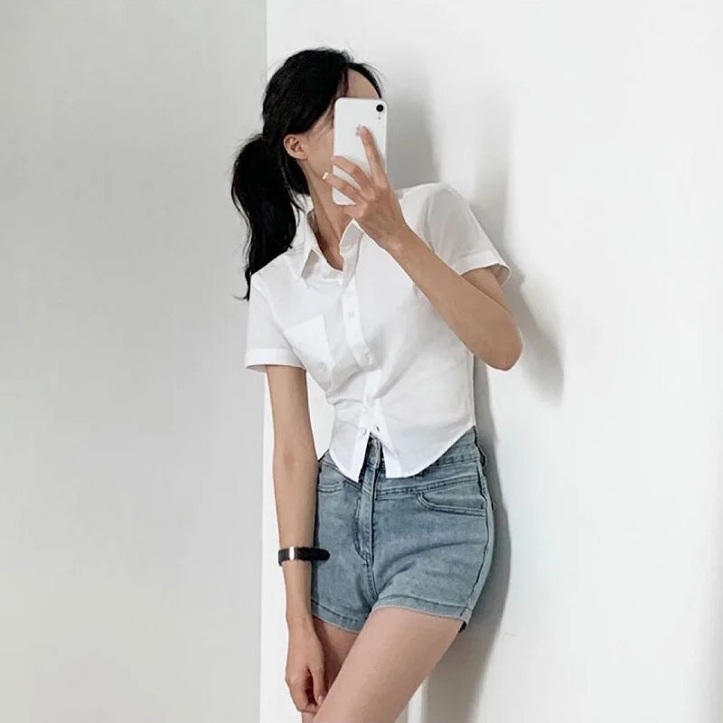 lovwvol Women Blouses Basic White Shirts Preppy Style Cropped Short Sleeve Tops Female Slim Office Wear Korean Fashion Casual