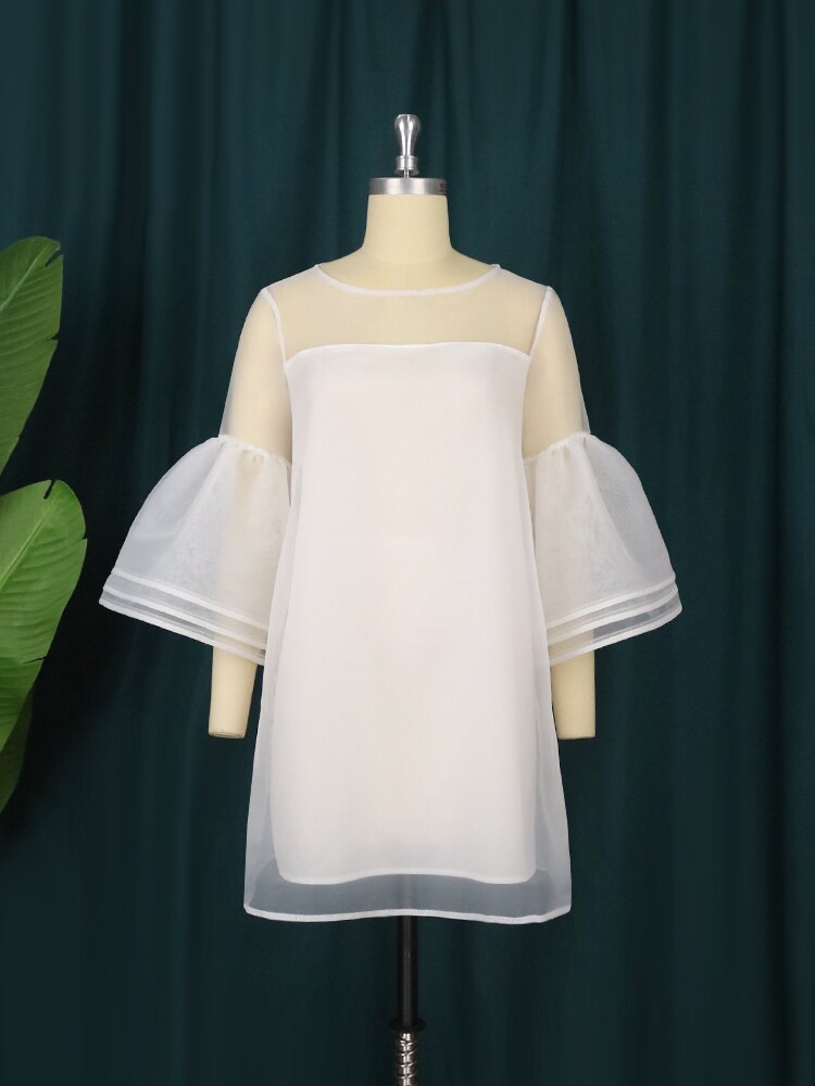 Women White Dresses Sweet O Neck 3 Layers Bell Sleeve Shift Dress See Through Tulle Cover Mini Loose Robes Elegant Fashion