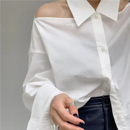 lovwvol Women Blouses White Off Shoulder Oversized Korean Fashion Sexy Chic Aesthetic Shirts Elegant Female Tops Streetwear