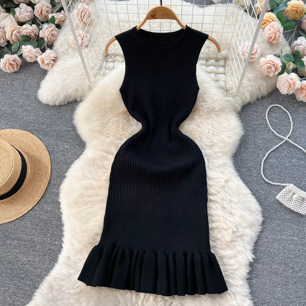 Summer Knitted Bodycon Sexy Dress  O Neck Sleeveless Ruffled Party Sundress High Street Elastic Slim Short Dress