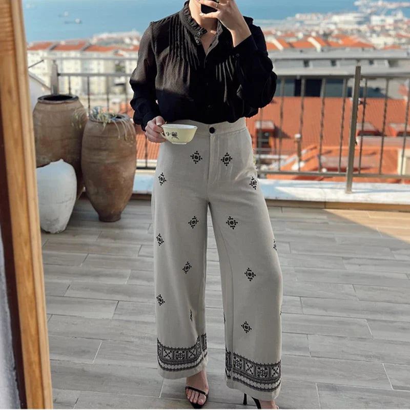 lovwvol Vintage Ethnic Floral Embroidery Wide Leg Pants for Women Casual High Waist Linen Cotton Pant Summer Boho Beach Trousers