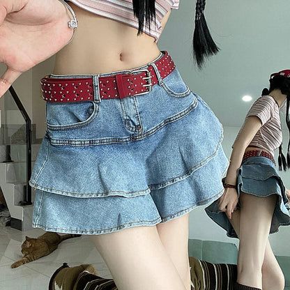 lovwvol Summer New Women Kpop High Waist Sweet Y2k Denim Ball Gown Skirts Female Kawaii Punk Mini Dress Girls Aesthetic Blue Jean Skirts