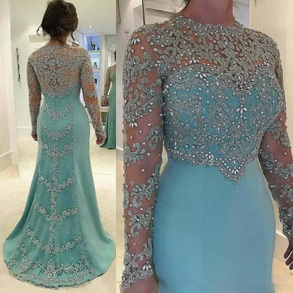 Beaded Appliques Mother of the Bride Dresses Mint Green Mermaid Wedding Dress Sparkly Long Sleeve Formal Party Gowns