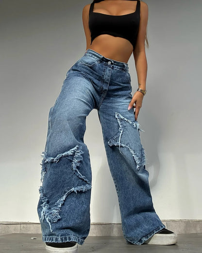 lovwvol  -  Retro Blue High Waisted Baggy Jeans Women Star Pattern Y2k Pants Hip Hop Harajuku Slouchy Denim Jeans Versatile Streetwear