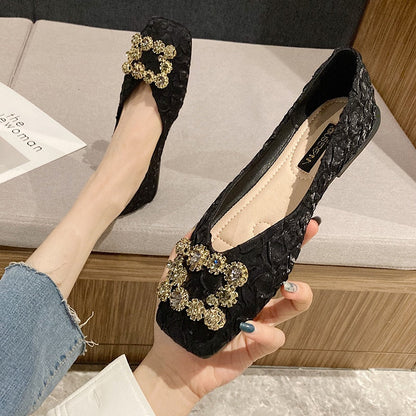 Square Head Flat Shoes Spring and Summer New Black Sequin Rhinestone Soft Bottom Casual Women's Shoes Zapatos De Mujer