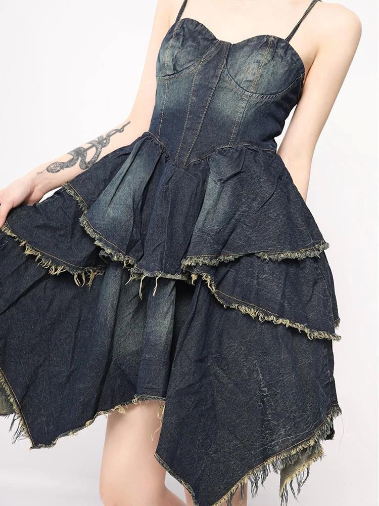 lovwvol Summer Designer Vintage Denim Dress Women Backless Korean Fashion Party Dress Female Asymmetric Casual Elegant Dress  New