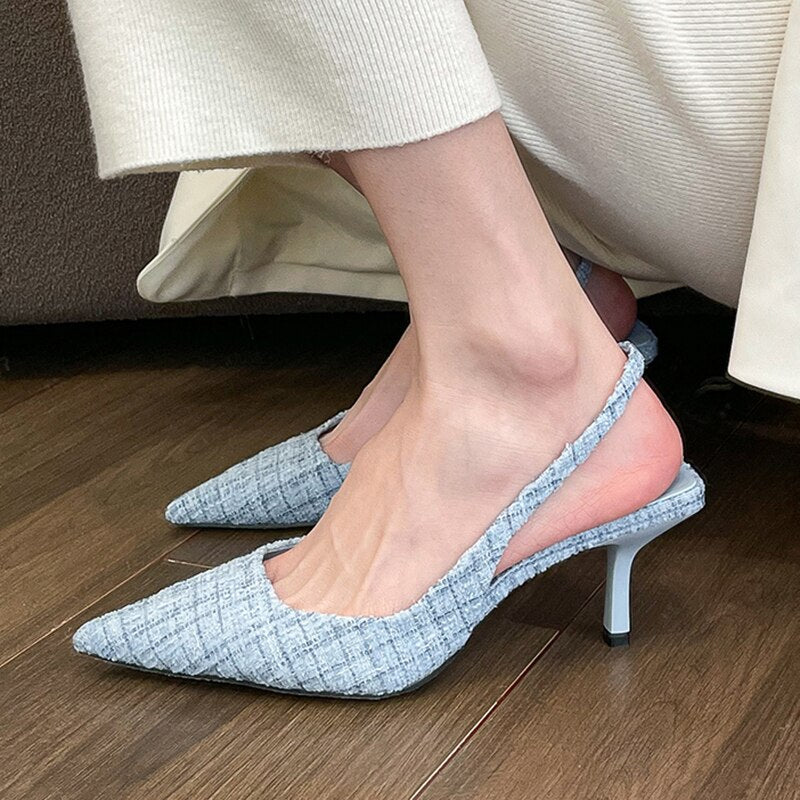 Fashion Stripes Plaid High Heels Pumps Women Pointed Toe Slingbacks Party Shoes Woman 2023 Spring Summer Thin Heeled Sandals