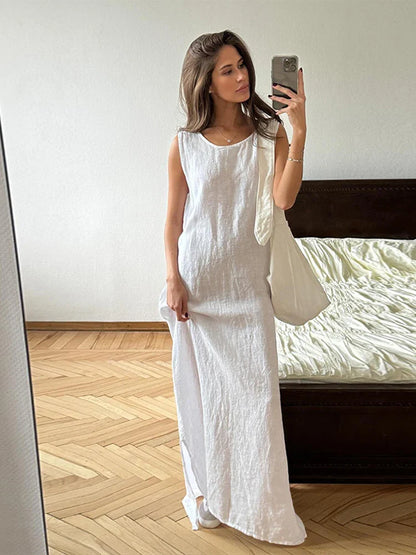 lovwvol Women Casual Solid Loose Cotton Linen Maxi Dress Elegant O-neck Sleeveless Split Dresses 2024 Summer Female Street Robes