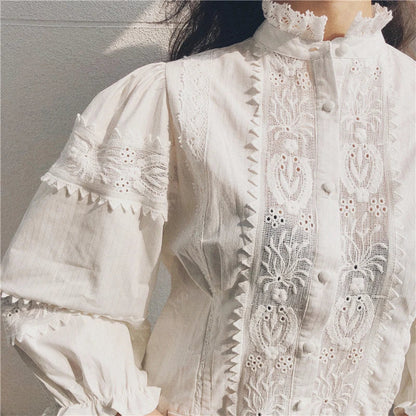 lovwvol Vintage Floral Embroidery Lace Blouses Shirts Women Cotton Linen Lantern Sleeve White BLouse Shirt Tops Boho Blusas