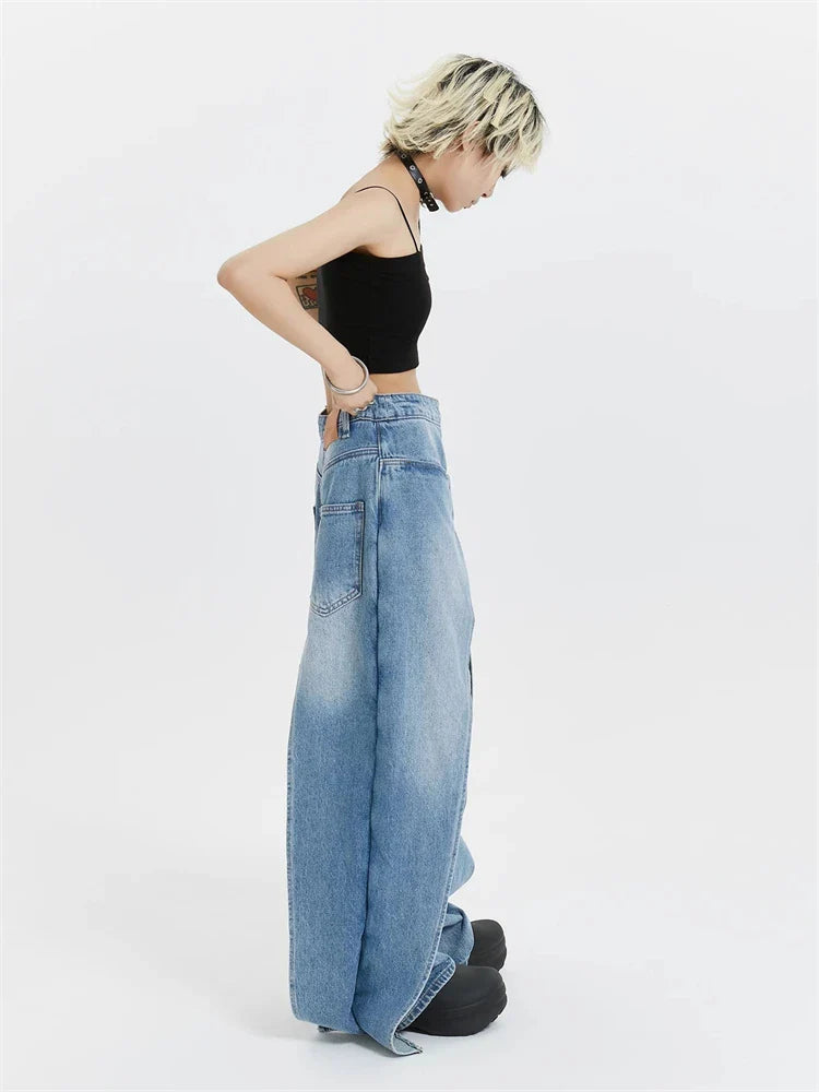 lovwvol Women's Wearable on Both Front and Back Sides Jeans High Waisted Deconstructing Banana Pants Female Loose Retro Denim Trousers